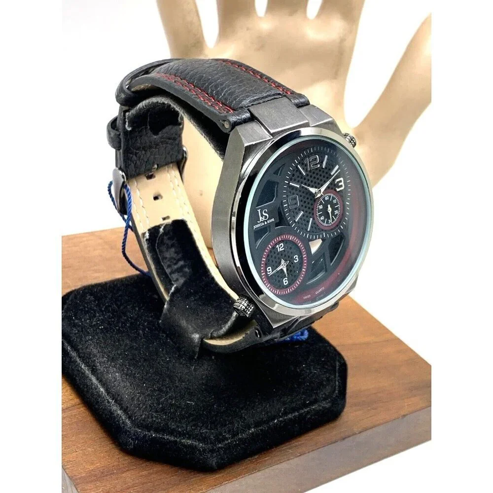 Joshua & Sons Men's Watch JS83 Quartz Dual Time Zone Red Black Dial Leat…